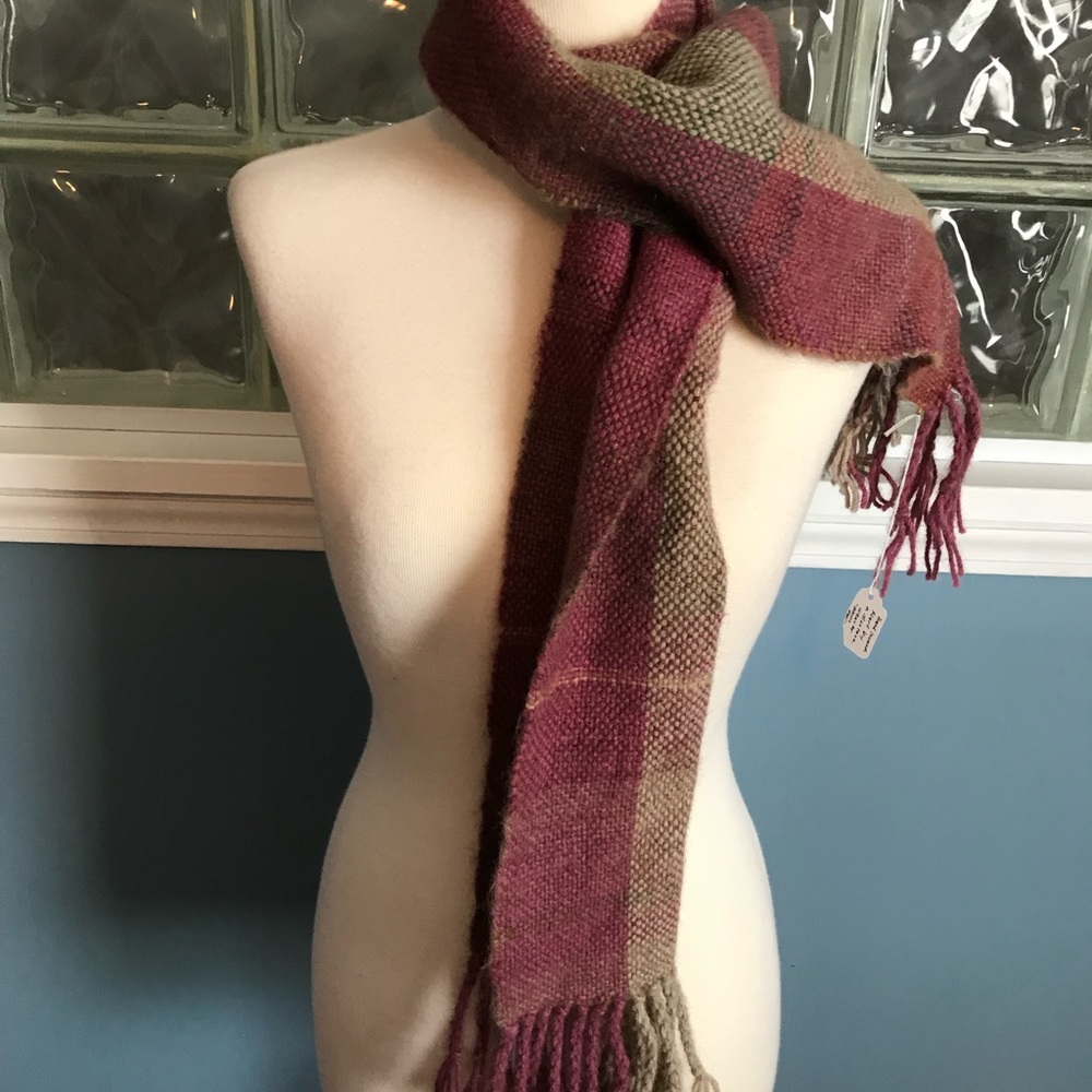 Sale! Burgandy/Tan Merino Wool hand loomed scarf